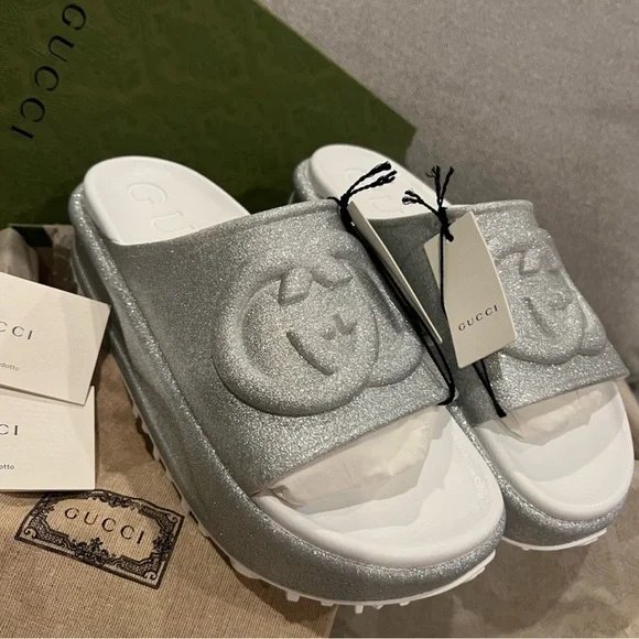Gucci Silver Platform Slides - Picture 1 of 5